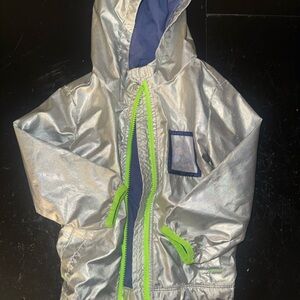 Silver Metallic Hooded Jacket with Neon Green Trim rain coat alien themed